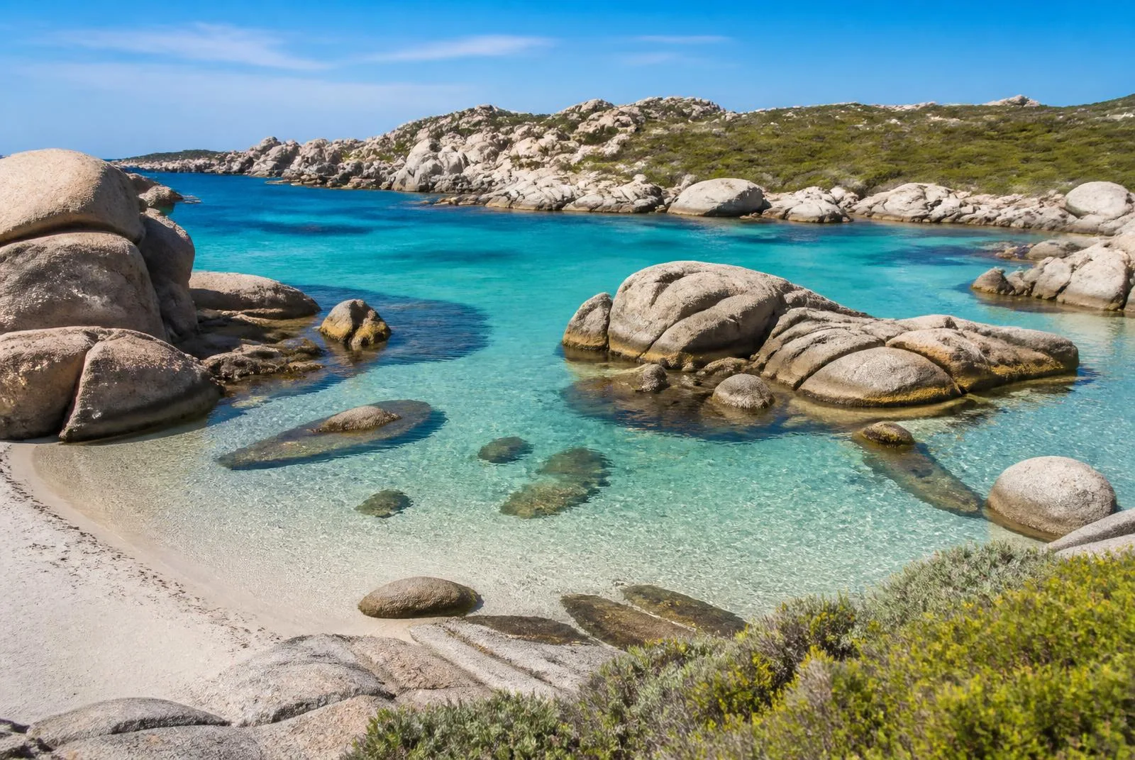A granite cove in the Lavezzi islands, water clear to the sand