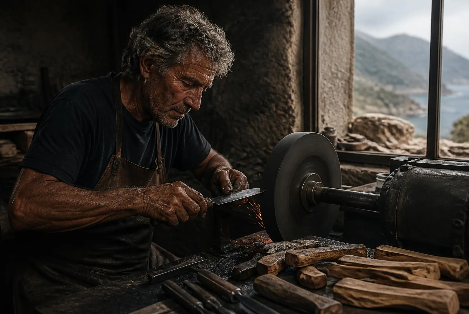 A Corsican knife-maker at the wheel in his workshop