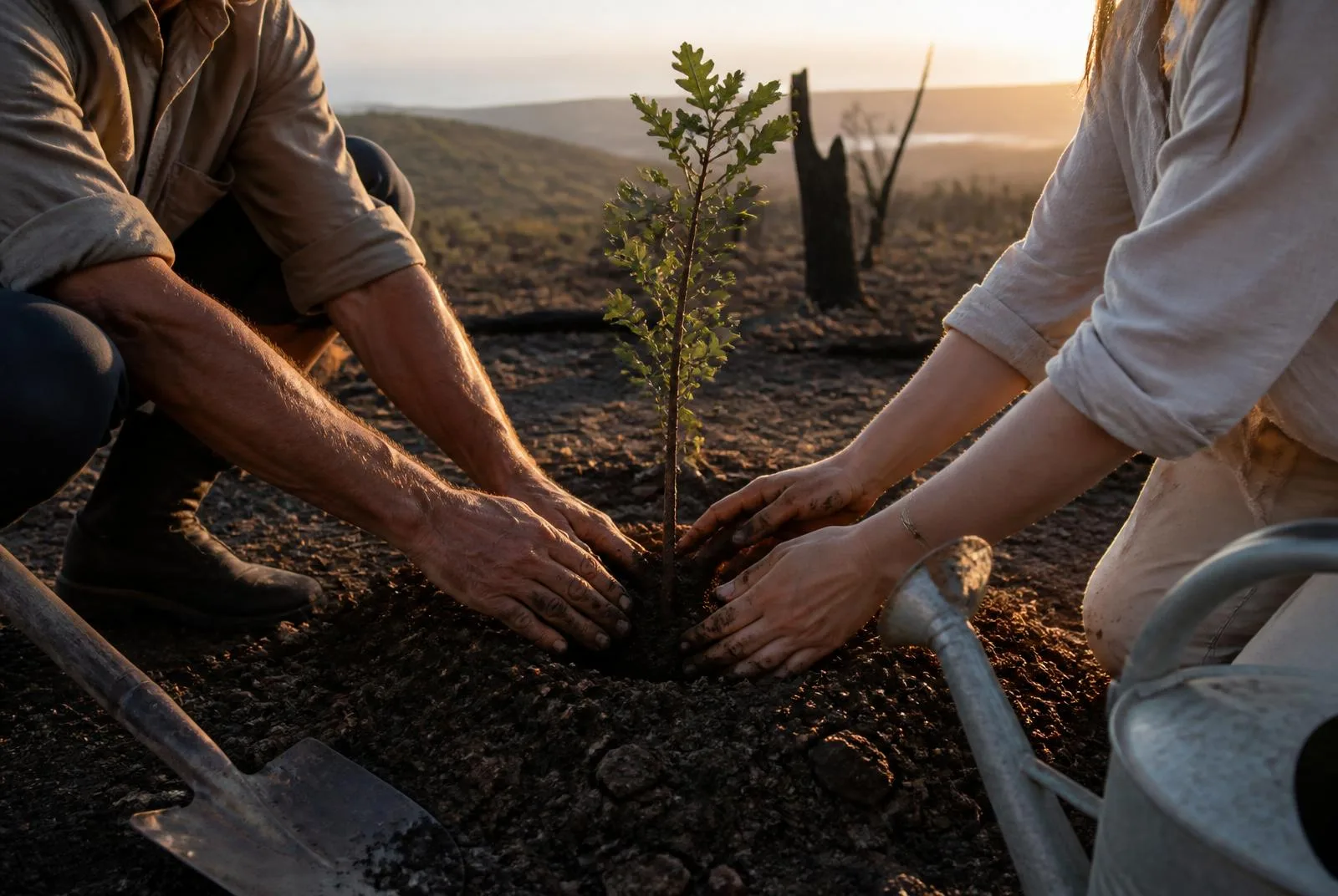 Planting a young cork oak on the cleared terraces