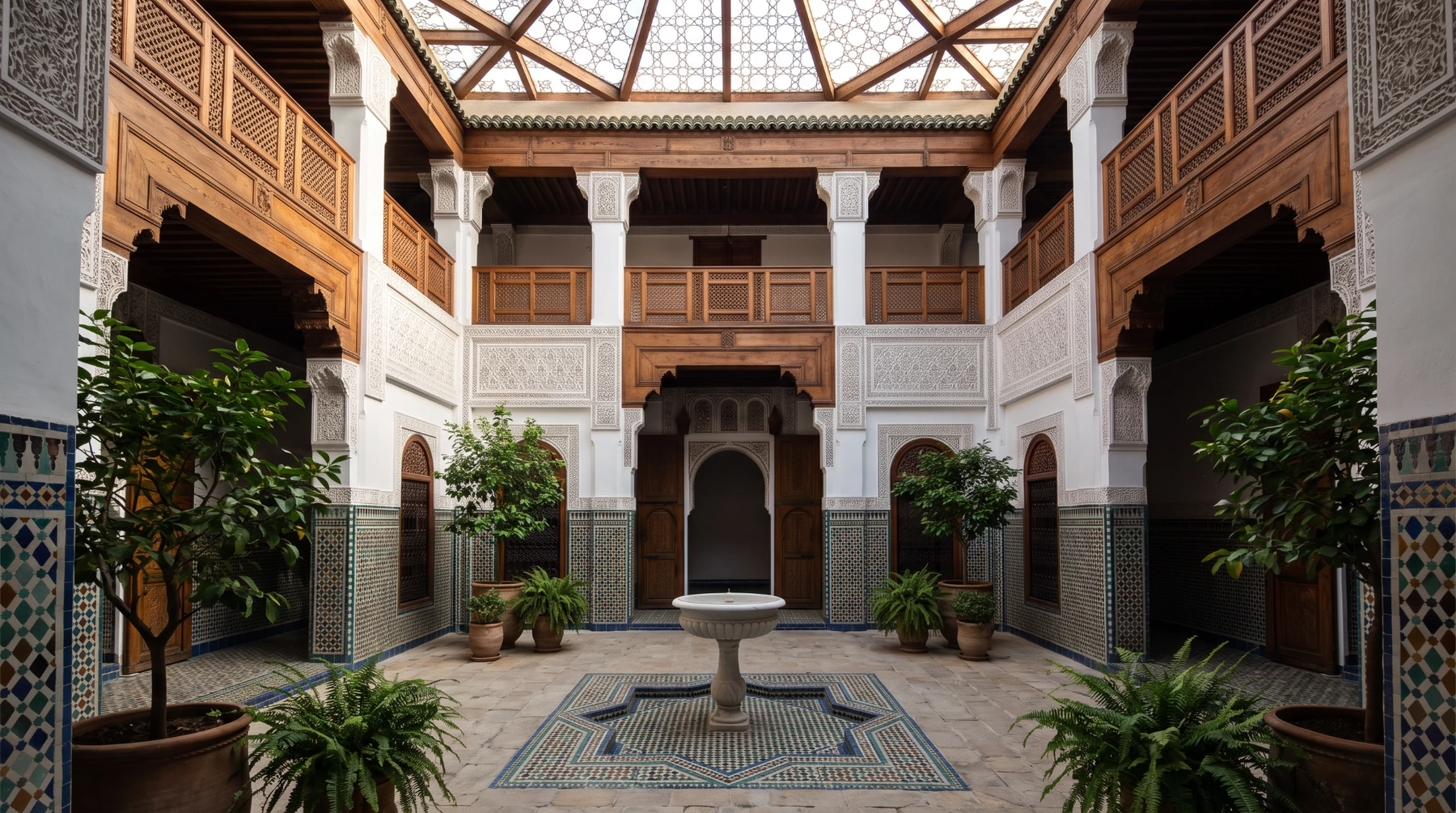Courtyard of a restored riad in Fez