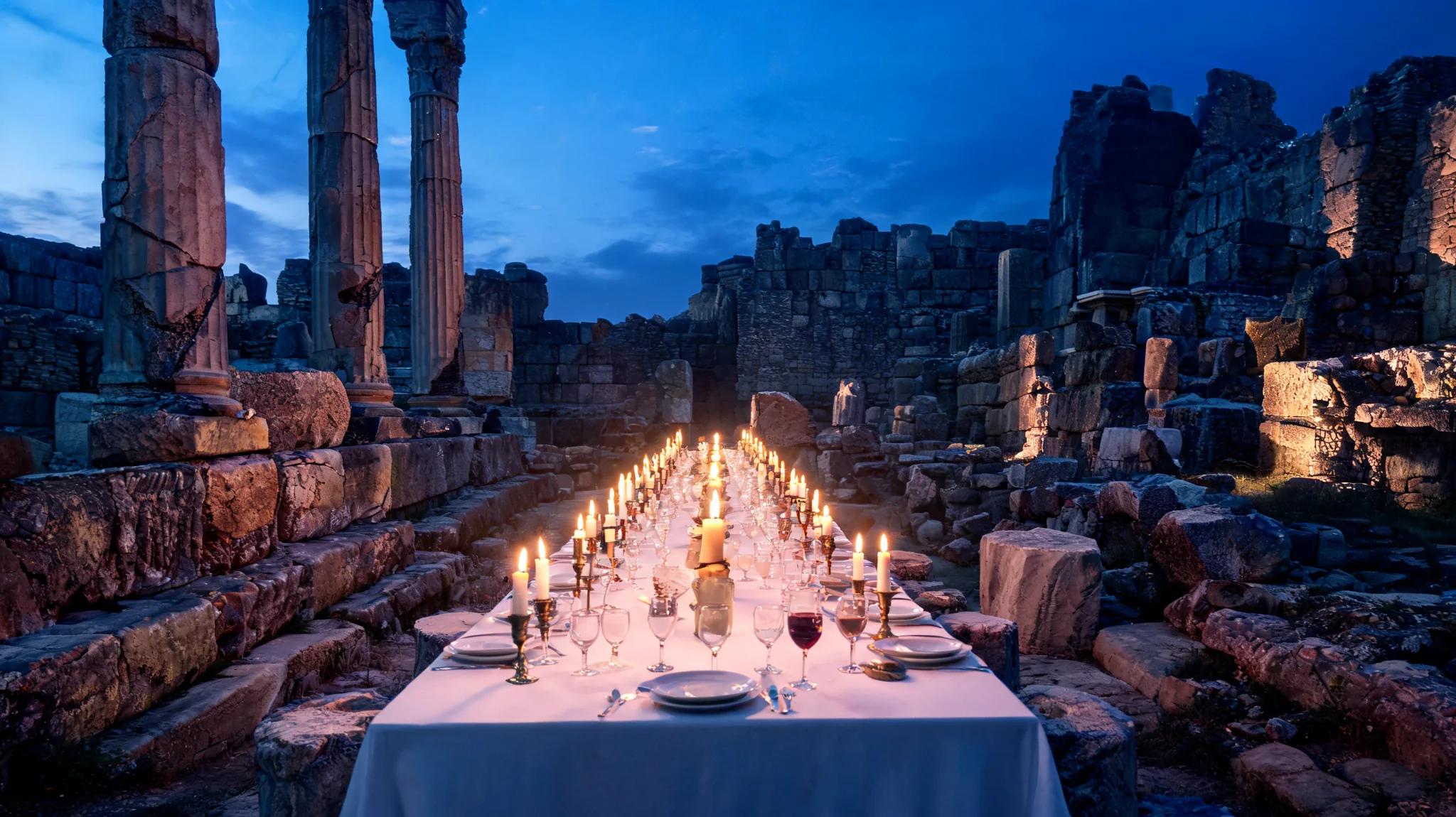 Candlelit banquet among ancient ruins