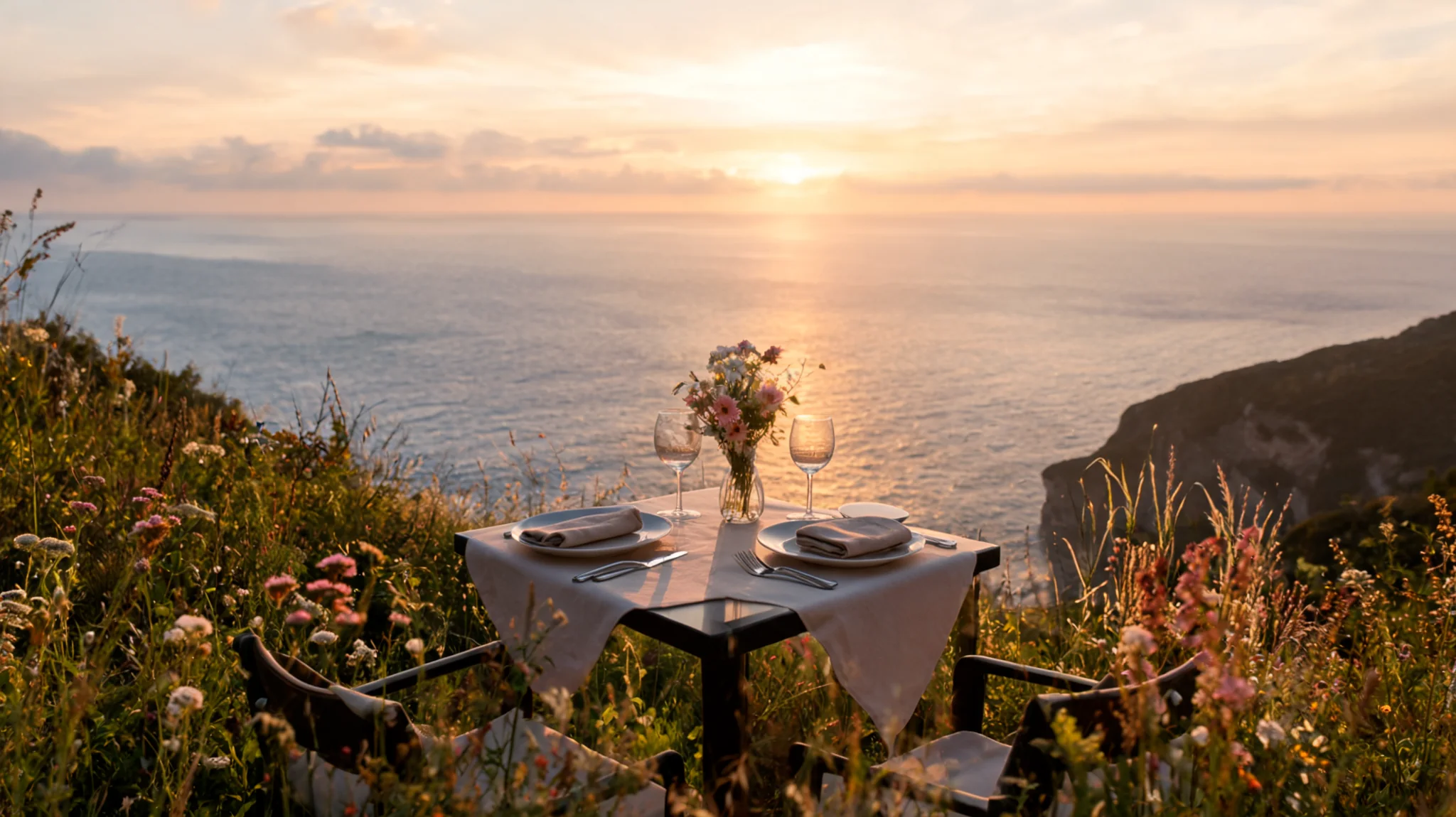 Private cliffside table at sunset