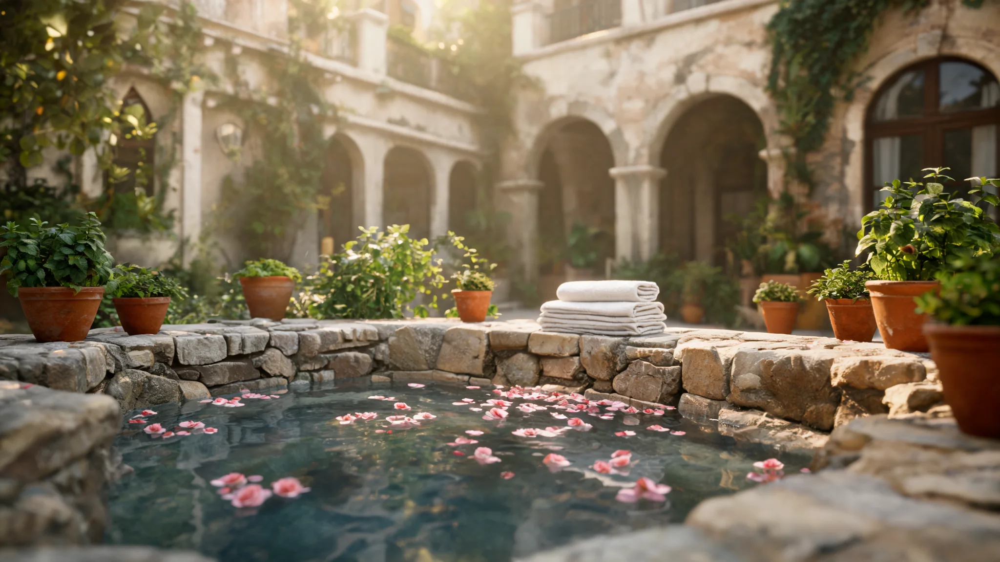 Luxury spa terrace at sunset
