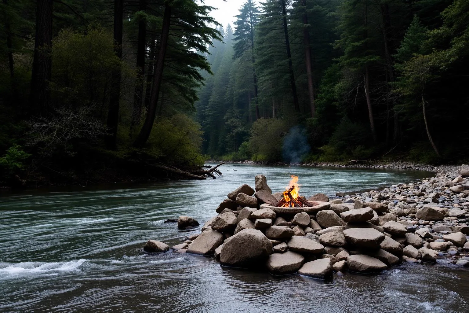 Fire on a private river bend in the upper Manso Valley, among four-hundred-year-old coihue