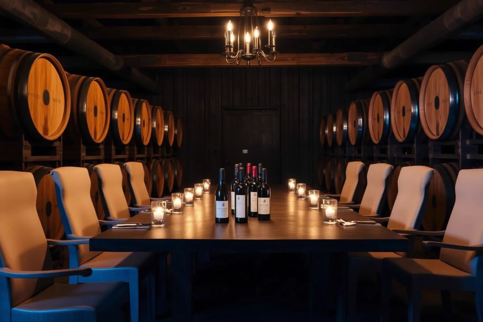 A single table set among French oak casks in the cooperage at Trevelin