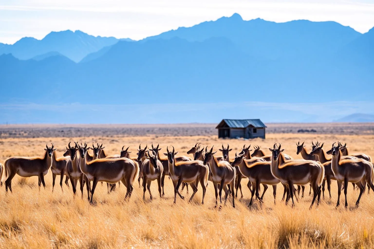 Guanaco returned to the Chacabuco grasslands, an old shearing shed on the horizon