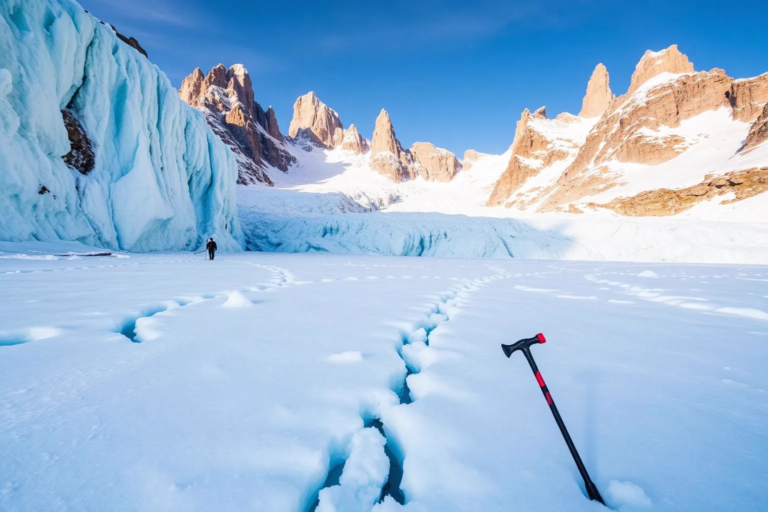 Crevasse field on the Viedma ice beneath the granite of Fitz Roy