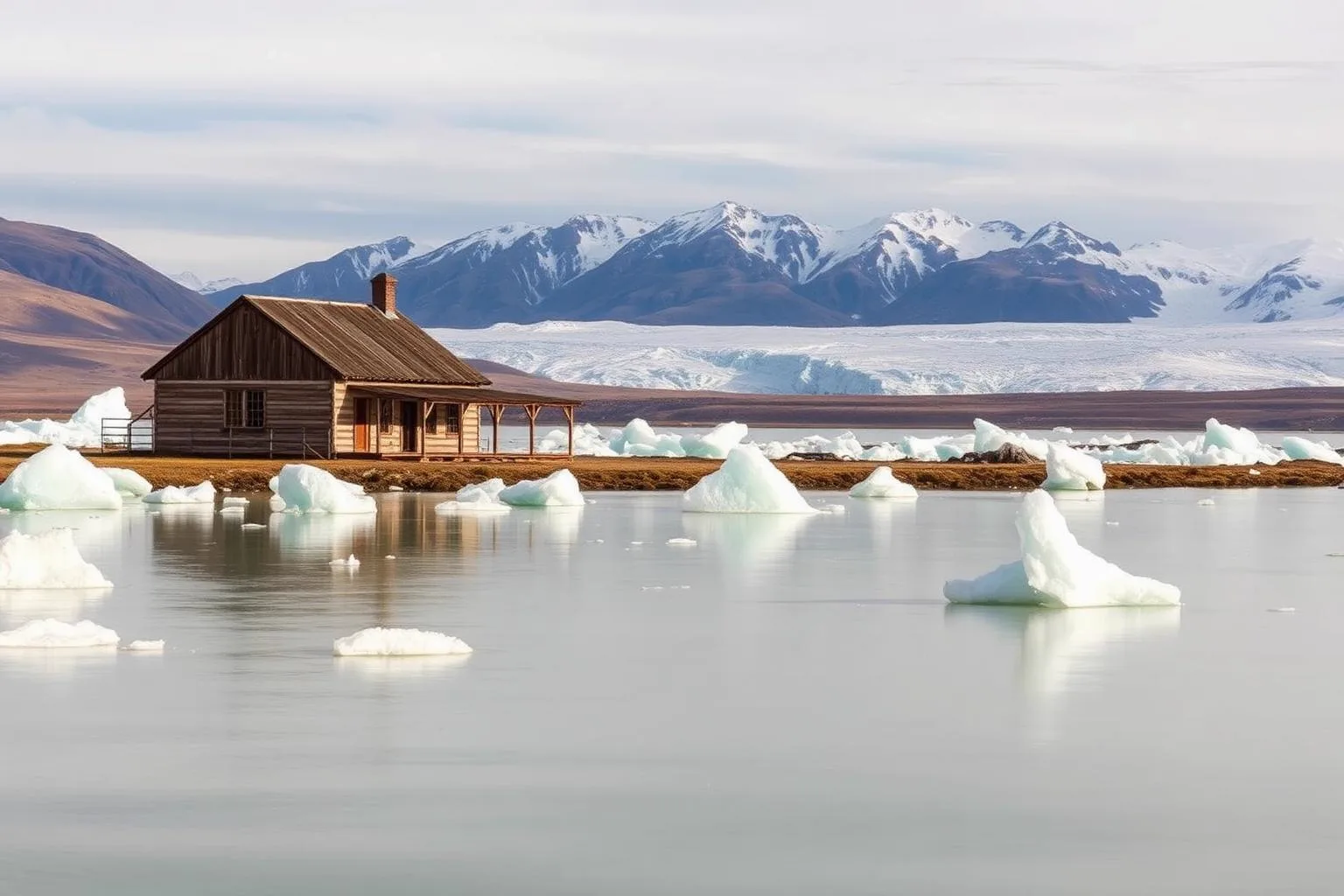 The 1914 homestead at the far end of Lake Argentino, icebergs on the water