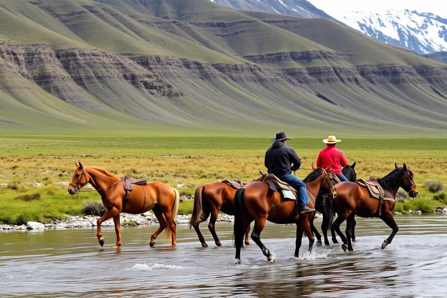 Baqueanos crossing a river in the roadless valleys of Sierra Baguales
