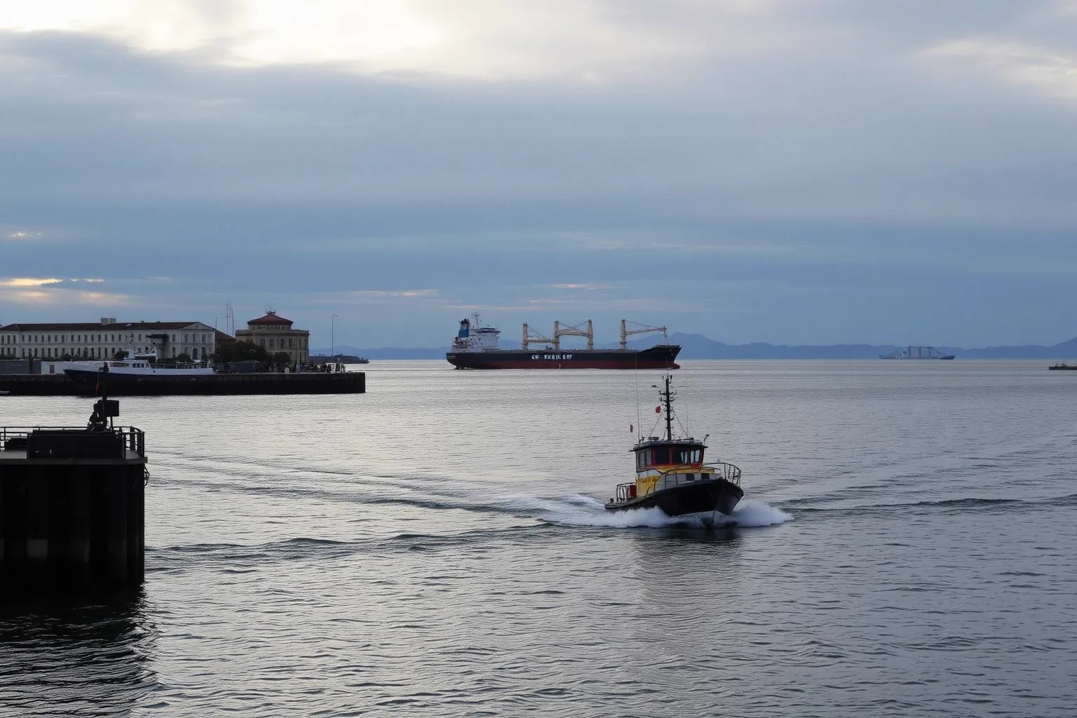 A pilot launch crossing the Strait of Magellan toward a waiting carrier