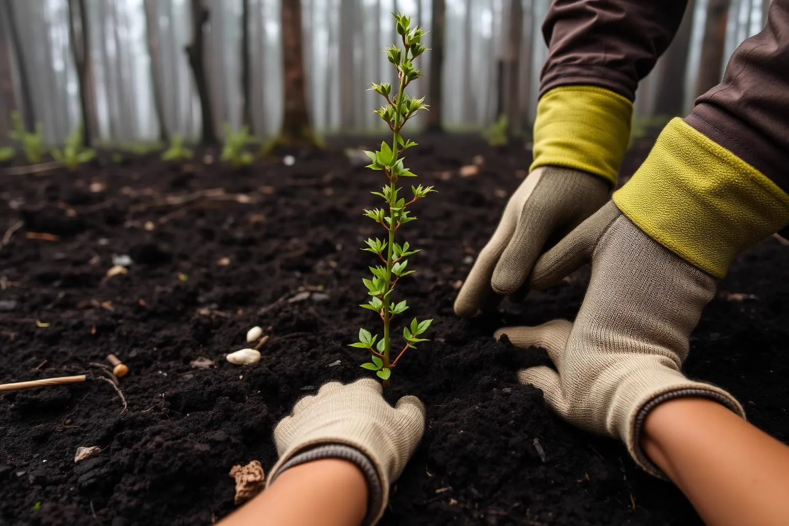 Planting a young lenga in the peat of a recovering Karukinka corridor