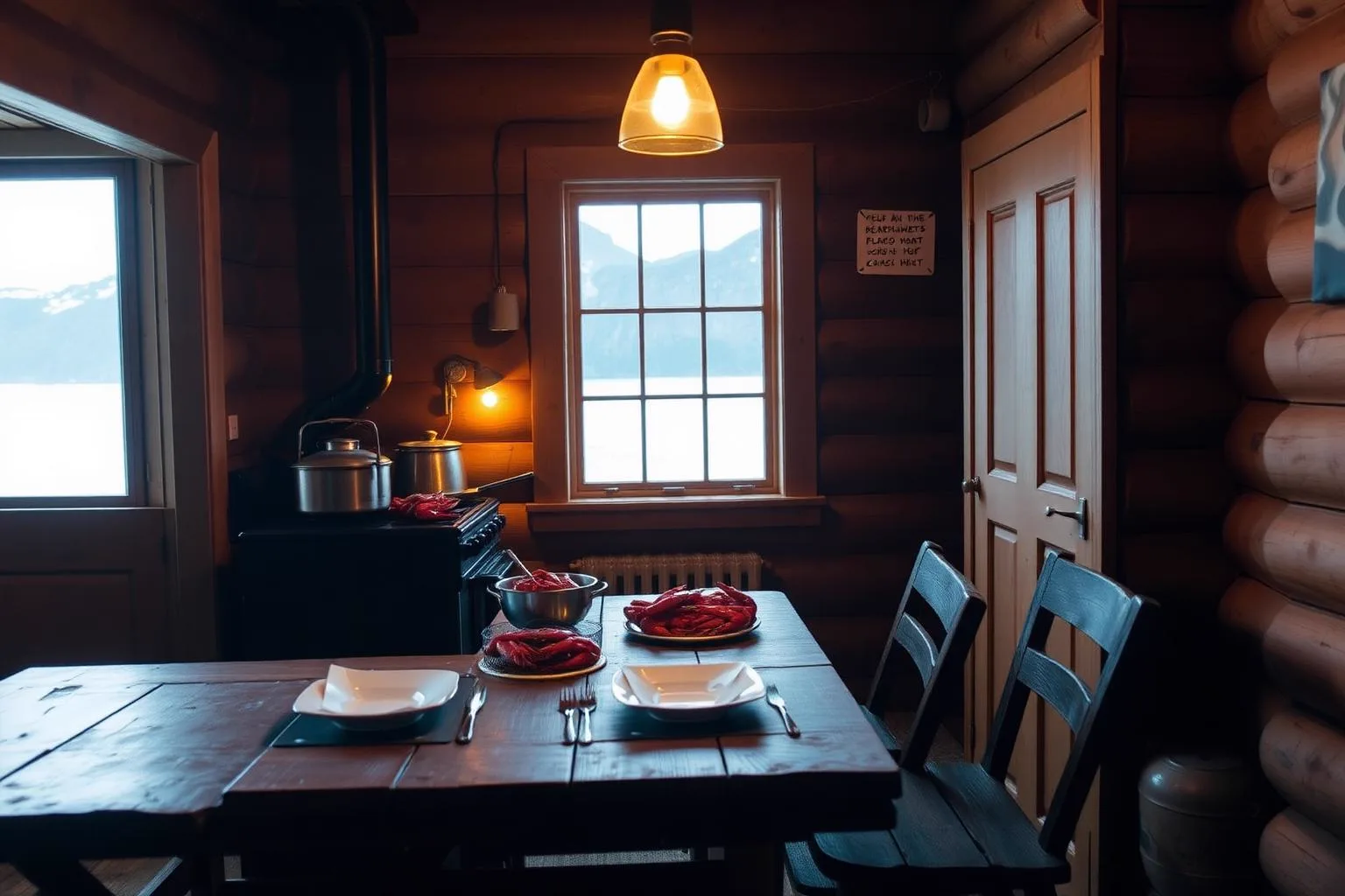 The kitchen table of a crab fisherman on a Beagle Channel inlet