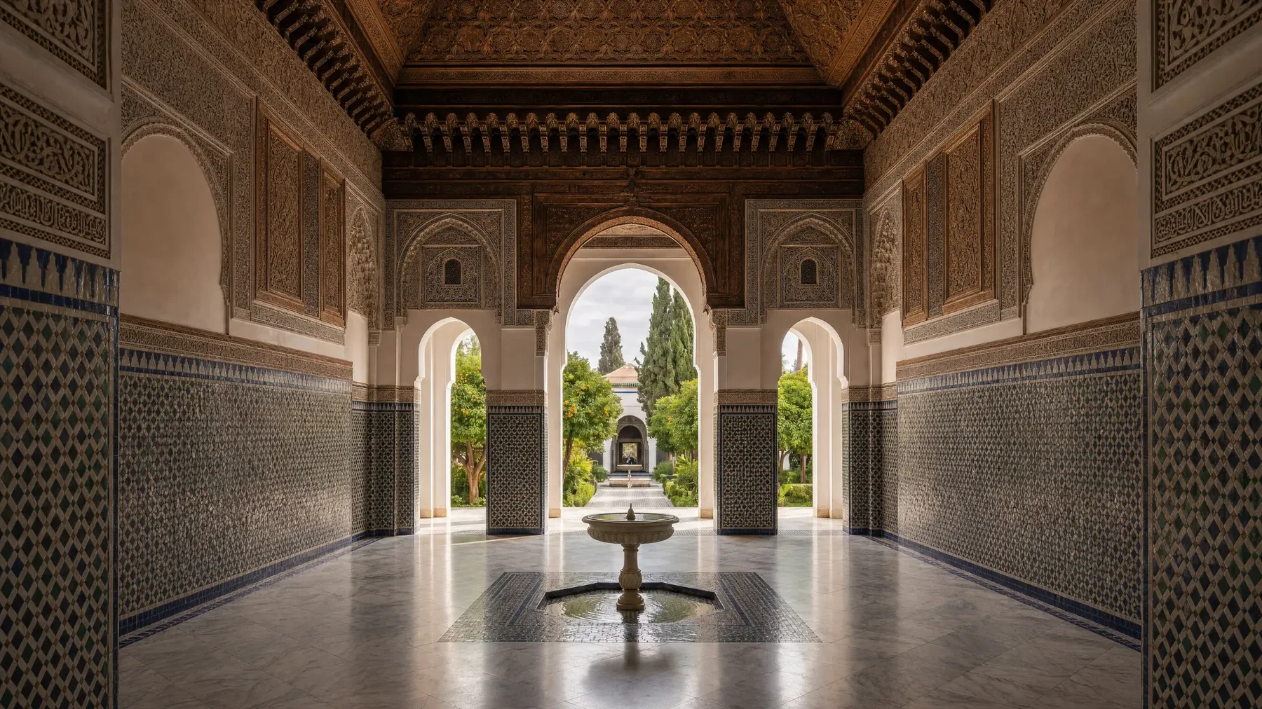 A tiled and carved reception hall opening onto a courtyard garden at the Bahia Palace, Marrakech