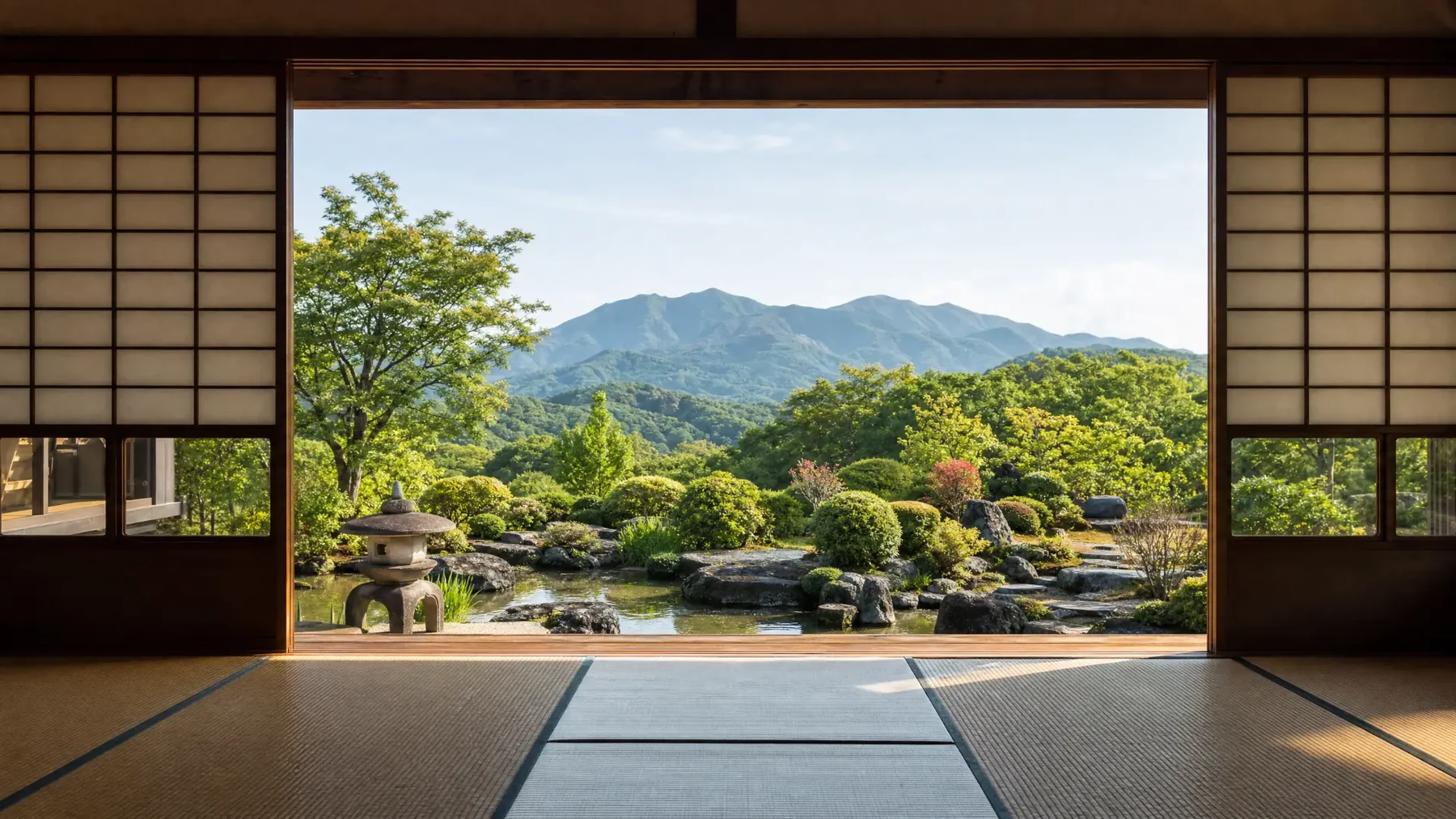 A tatami room in Japan with sliding screens opened onto a mountain garden